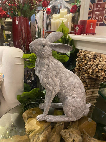 Sitting Grey Hare Sculpture – Elegant Wildlife Ornament