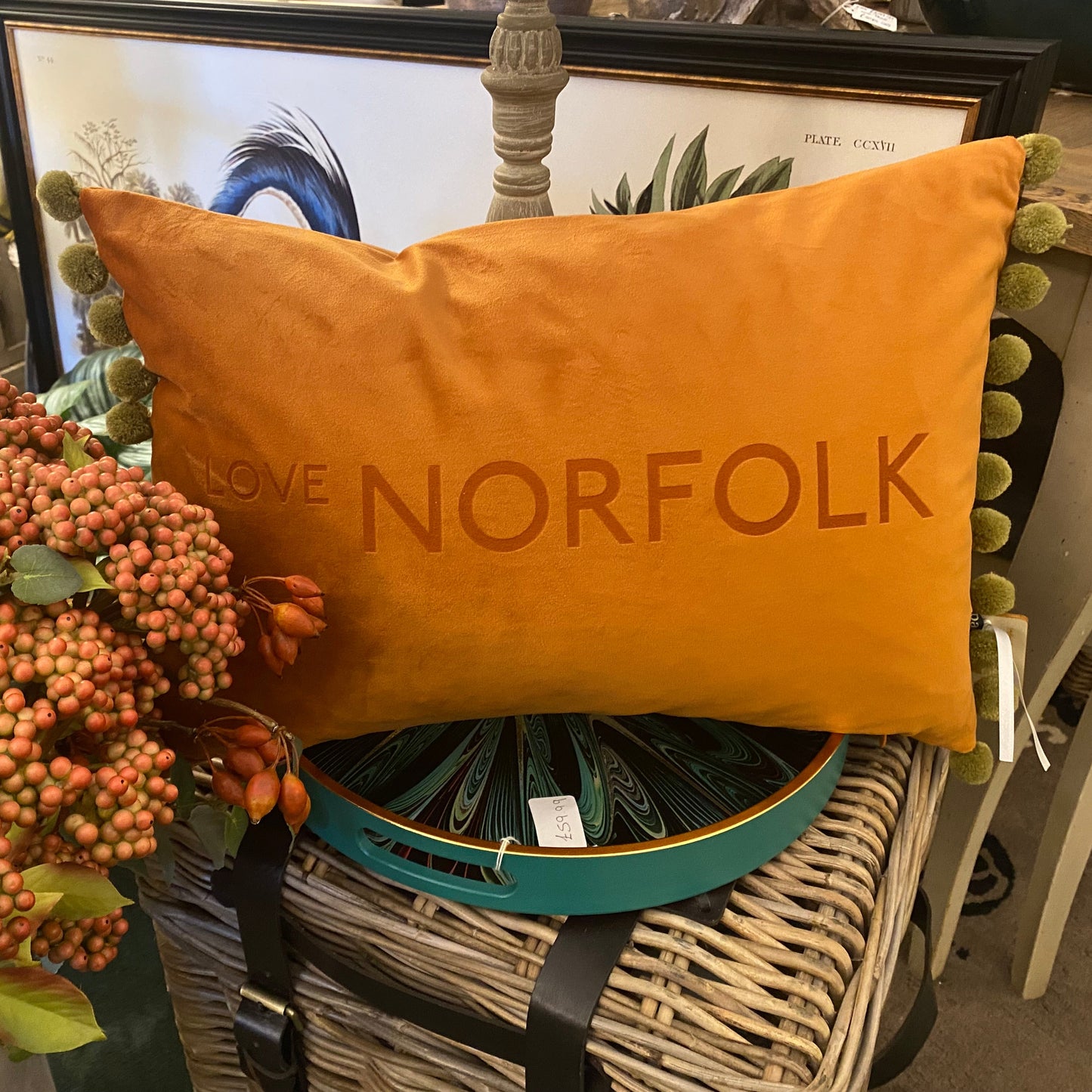 Handmade Velvet 'Love Norfolk' Pom Pom Cushion – Luxurious Velvet Cushion in Multiple Colours