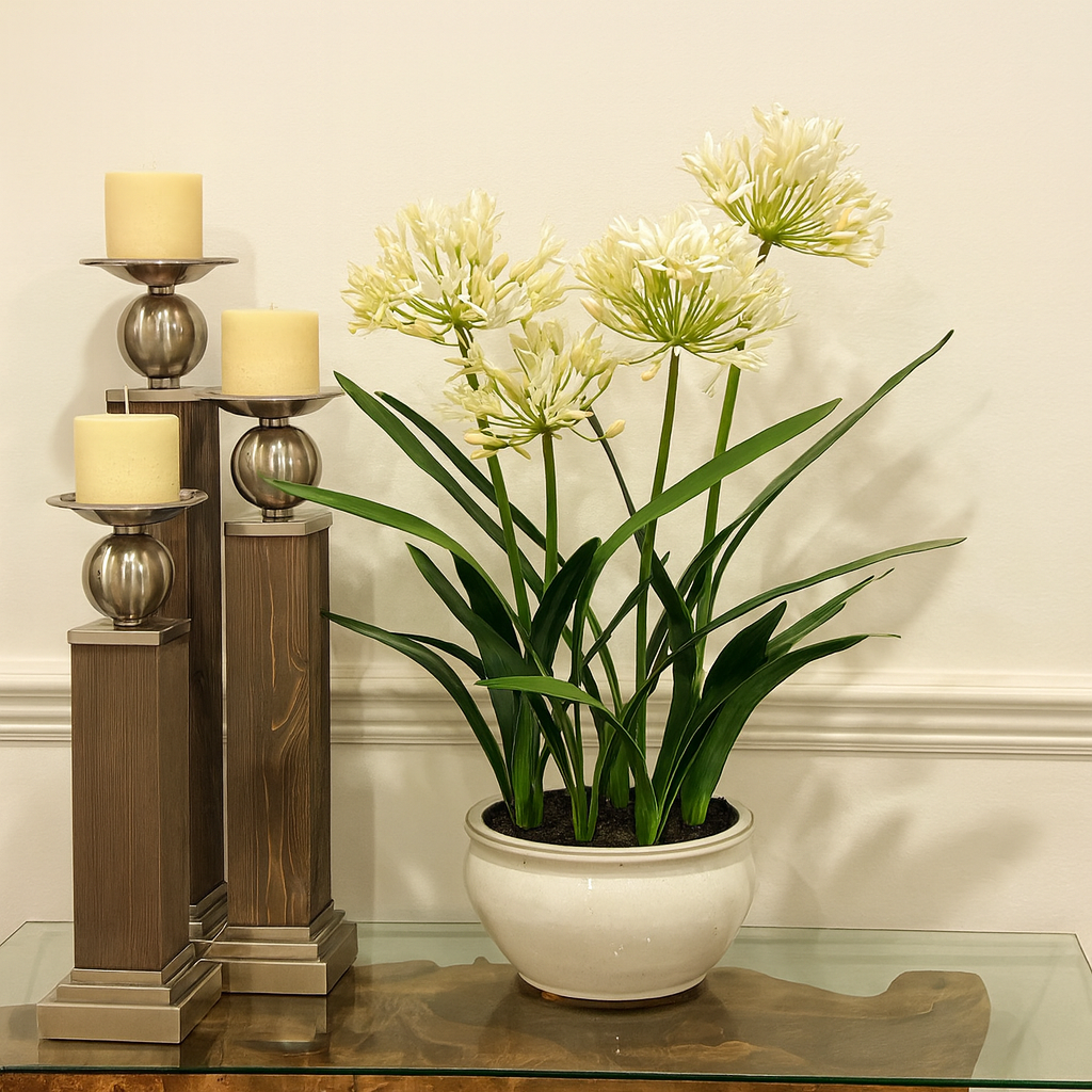 White Agapanthus Arrangement in Rustic Glazed Bowl