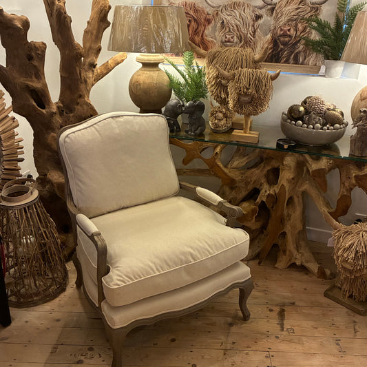 Rattan-Back Upholstered Armchair – Elegant Woven Back Accent Chair