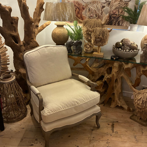Rattan-Back Upholstered Armchair – Elegant Woven Back Accent Chair
