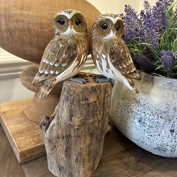Wooden Hand-Carved Double Owl Bird on Tree Stump – Rustic Decorative Sculpture