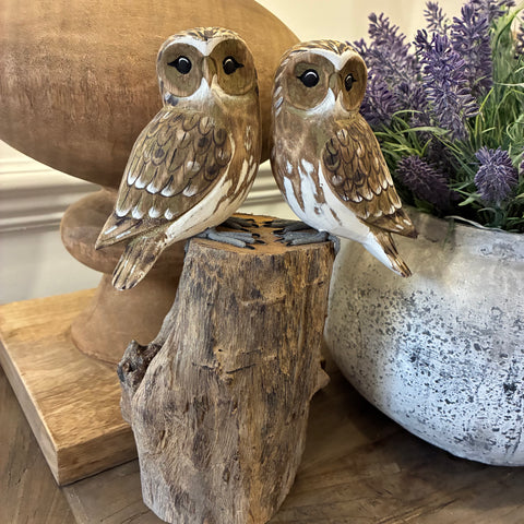 Wooden Hand-Carved Double Owl Bird on Tree Stump – Rustic Decorative Sculpture
