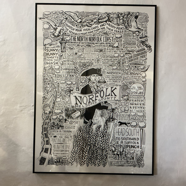 Norfolk Illustrated Map Screen Print – Framed A1 Wall Art