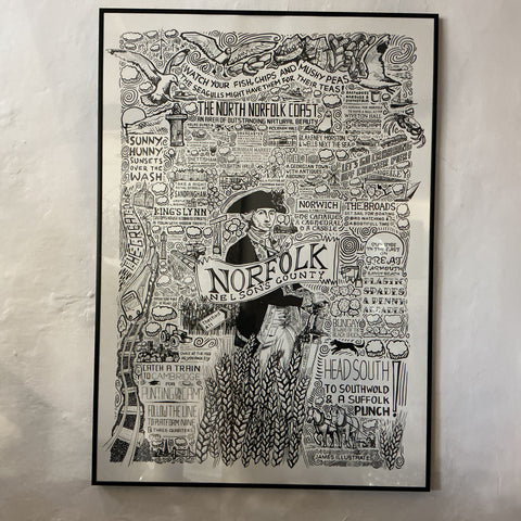 Norfolk Illustrated Map Screen Print – Framed A1 Wall Art