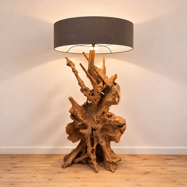 Teak floor sculpture lamp